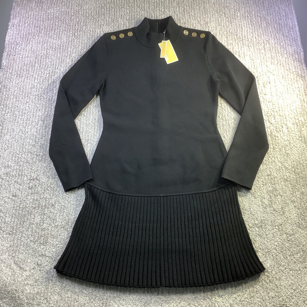 Michael Kors Black Pleated‎ Knit Mock Neck Dress Gold Button Womens Size L NWT